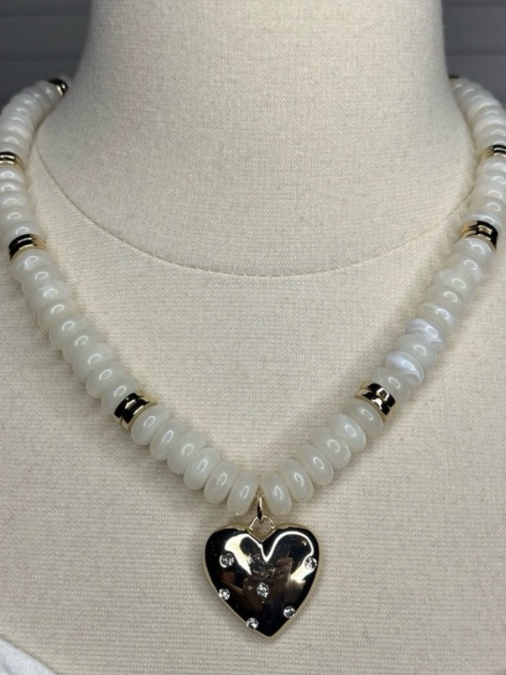 J Crew White Beaded Necklace with Gold Tone Heart Pendant NWT
